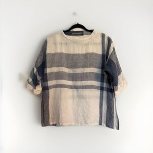 Beau Jours 100% Linen Plaid Top Size 1 US S Blue White Boxy Lagenlook Tunic